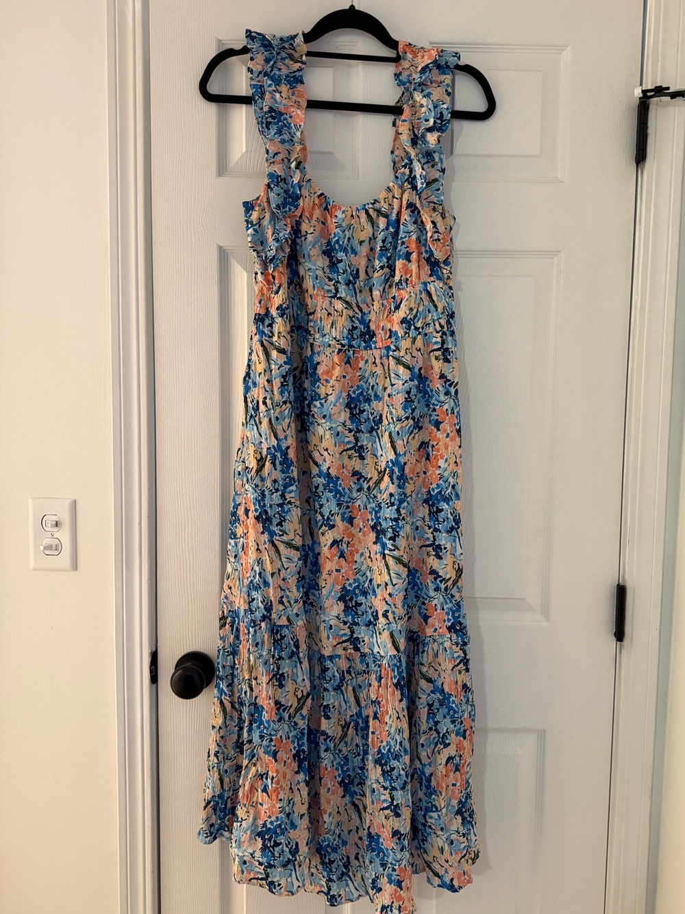 Abercrombie & Fitch Floral Ruffle Strap Petite Maxi Dress in Blue and Peach